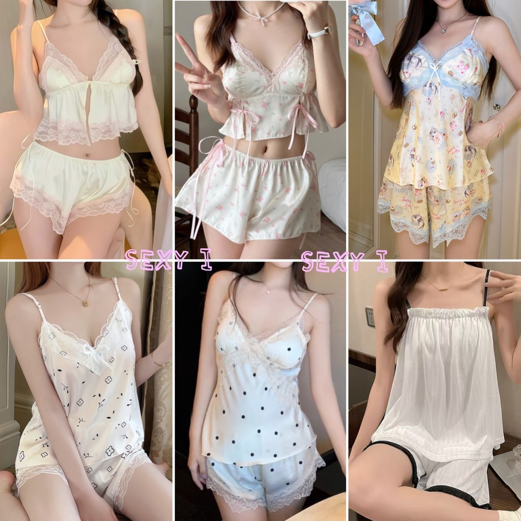 sexy  ซาติน  ชุดนอน  ลูกไม้    ชุด 2 ชิ้น สีย้อมเนคไท   ผ้าใส่สบาย    ชุดอยู่บ้าน   มีให้เลือกหลากหลายสไตล์