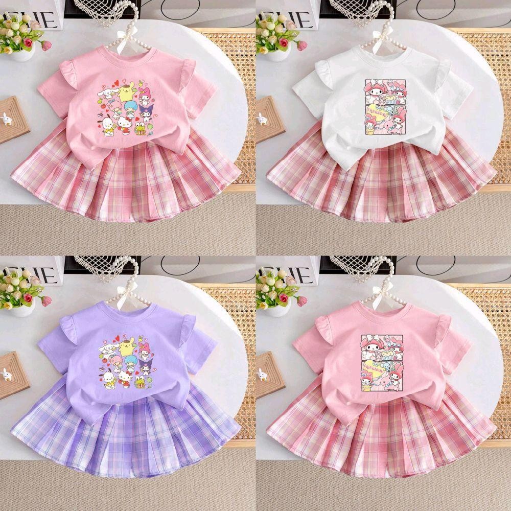 Pinkชุดเซ็ทเด็ก เสื้อแขนระบาย+กระโปรงอัดพลีท ลายน่ารัก