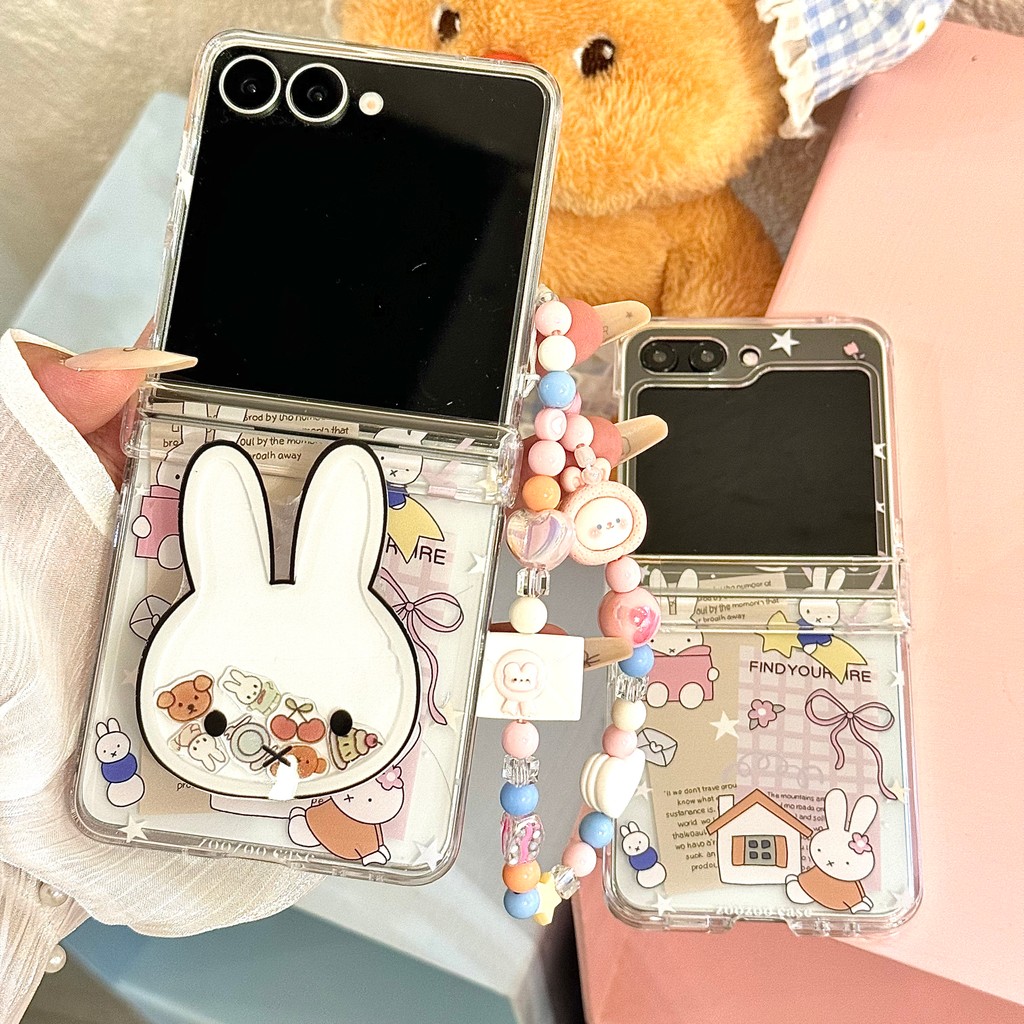 Flip7 Samsung Galaxy Z Flip6 3in1 กรณีน่ารักการ์ตูน miffy กระต่ายผู้ถือกรณี Samsung Galaxy Z Flip 5 Flip 4 5G hard กันกระแทกโทรศัพท์ความคิดสร้างสรรค์กรณีฝาครอบ