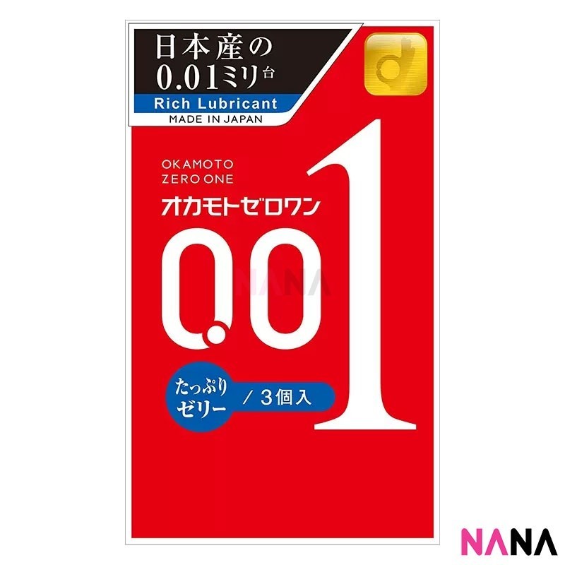Okamoto 0 . 01 Zero One Condom 3 ชิ้นเพิ่มความชุ่มชื้น ( Plenty Of Jelly - สีฟ้า ) 0 . 01ชุ่มชื้นเป็