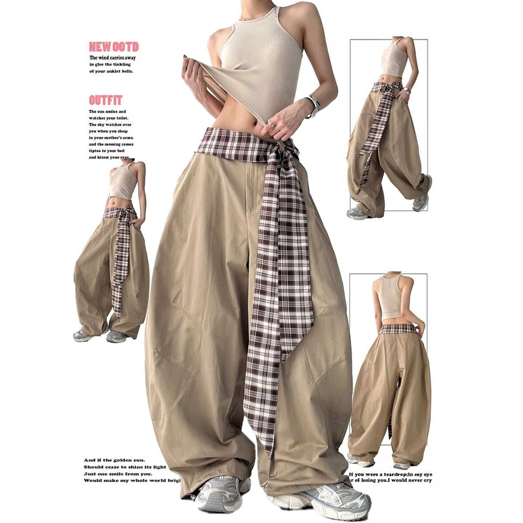 PannoFluxus ใหม่ กางเกงลําลองสไตล์ American high-street แบบหลวมสบาย ลายสก๊อต สำหรับทุกเพศ