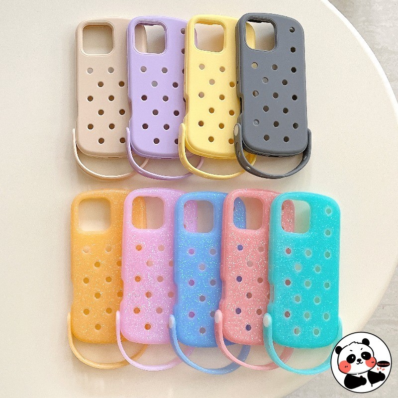 Crocs Siliconเคสโทรศัพท์สําหรับiPhone 16 15 14 Pro Max 13 16ProMax 15ProMax 14ProMaxน่ารักการ์ตูนหลุมรองเท้าGlitter Clear Jellyกันกระแทกสายรัดข้อมือBreathableปลอกนุ่ม