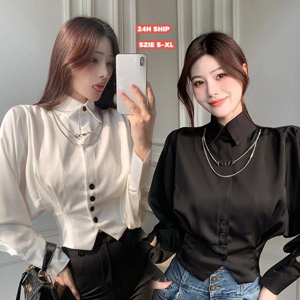 mimi&didi#เสื้อเชิ้ตแขนพัฟค้างคาวสีขาวเอวสูง แขนยาว เสื้อครอปคอปกสำหรับผู้หญิง จัดส่งจากกรุงเทพฯ#รุ่น99149