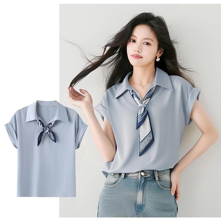 Chili Koko เสื้อเชิ้ตผู้หญิง แขนสั้น แฟชั่น อินเทรนด์ และอเนกประสงค์ ผ้าพันคอหลวม เสื้อสตรีระดับไฮเอนด์ 99159