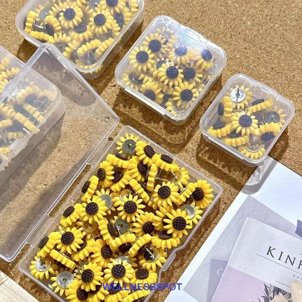 Wellnessspot 10/20/30/40/50 ชิ้นดอกทานตะวัน Pushpins, DIY Creative Board Push Pin, ตกแต่งบ้านนํากลับมาใช้ใหม่น่ารักพร้อมกล่อง Thumb Tacks Corkboard