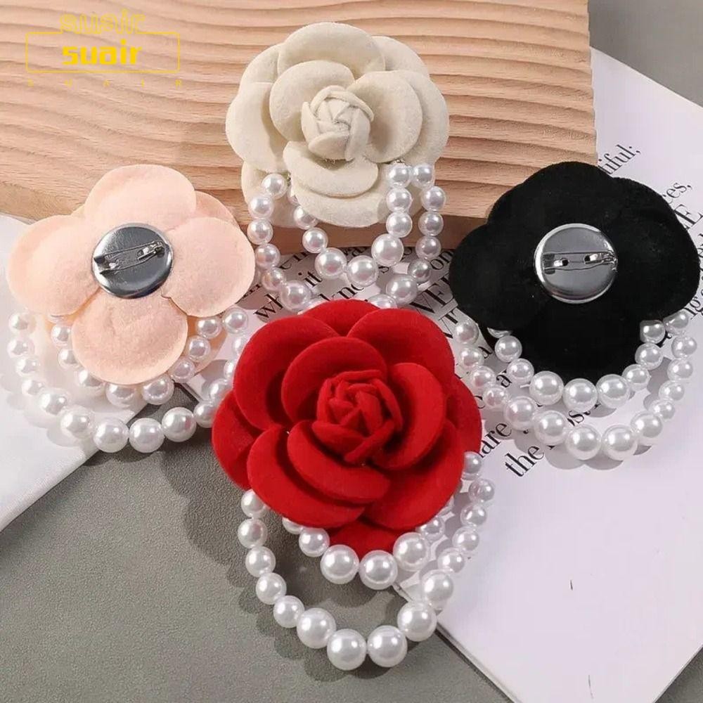 SUAIR พู่มุกVintage Camellia Corsage สไตล์เกาหลี เข็มกลัดสำหรับเสื้อโค้ท