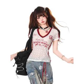 วินเทจ เซ็กซี่ เสื้อคอวี แขนสั้น ใส่สบายมาก ดีเทลลายเท่ซีทรูบางเบาลายลูกไม้ "FY4776"🌻Qingsun