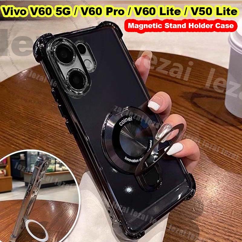 เคส Vivo V60 Pro V 60 V50 Lite 5G เคสพร้อมขาตั้งแม่เหล็กที่วางนุ่มกันกระแทกใสหรูหราดีไซน์ใหม่