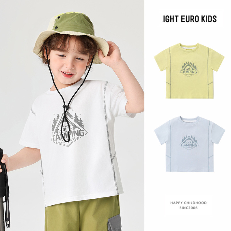 [90-140] เสื้อยืดแขนสั้นผ้าฝ้ายแท้เด็กชายเสื้อผ้าเด็กฤดูร้อนเด็กทารกครึ่งแขนฤดูร้อนบางสไตล์เย็น ยู16055