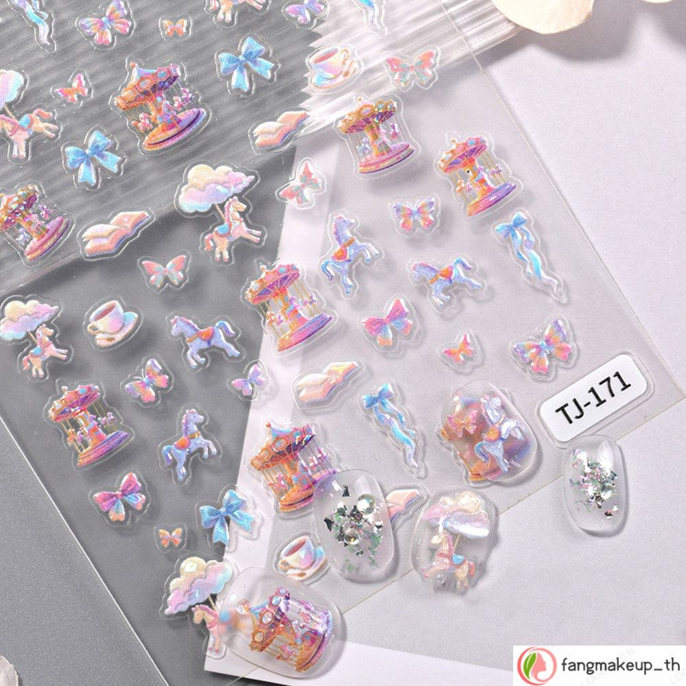 สติ๊กเกอร์ติดเล็บ Glitter Bow Paradise Carousel สติ๊กเกอร์ติดเล็บ 5D นูน Jelly Ribbon Bow สติ๊กเกอร์