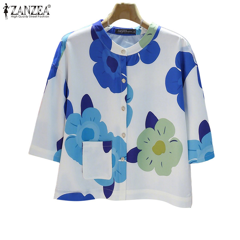 ZANZEA ซานเซีย สำหรับผู้หญิง แขน3/4 เปิดหลอดปุ่มดอกไม้ เสื้อคลายสไตล์เกาหลี