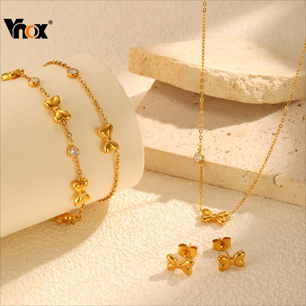 VNOX วีน็อกซ์ เพทาย ลูกบาศก์ ผีเสื้อโบว์สร้อยคอสร้อยข้อมือต่างหูชุดสําหรับผู้หญิงสาว,ทองชุดเครื่องประดับอุปกรณ์เสริมของข