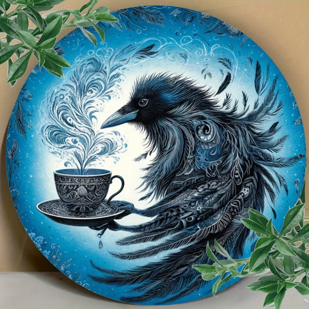 Charming Raven Coffee Time Vintage Metal Wall Art, 8x8 นิ้วรอบแขวนตกแต่งสําหรับ Cafe, Bar, ห้องครัว,