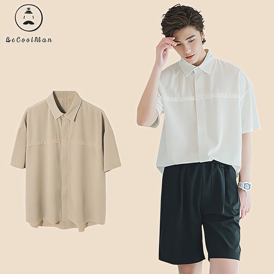 💥BECoolMan💥เสื้อเชิ้ตผู้ชายสไตล์ฮ่องกง คอปกแขนห้าส่วน เสื้อโปโลสุดหล่อเข้าได้กับทุกชุด เสื้อคู่ลำลองทรงหลวม