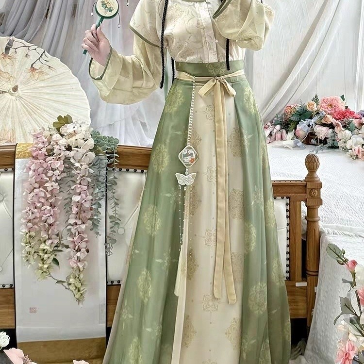 T Tang Made Hanfu เสื้อคอกลม Tang Bei เอวยาวแปดหักกระโปรงทุกวัน Dopamine Fairy สไตล์โบราณ