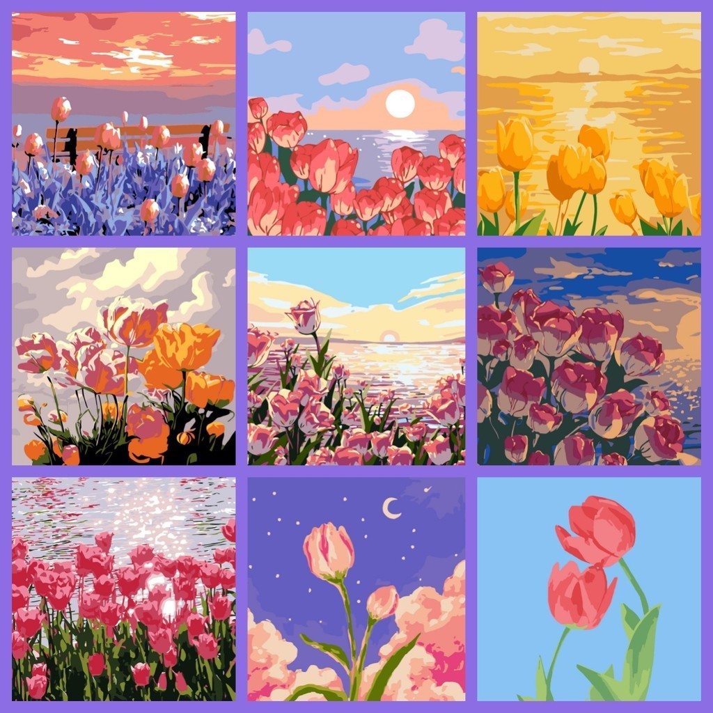 20*20 30*30 40*40ซม ทําเอง ภาพวาดสีน้ํามัน/พีบีเอ็น/ระบายสีตามตัวเลข/ผ้าใบมืออาชีพและสีสิ่งแวดล้อม/ดอกทิวลิป