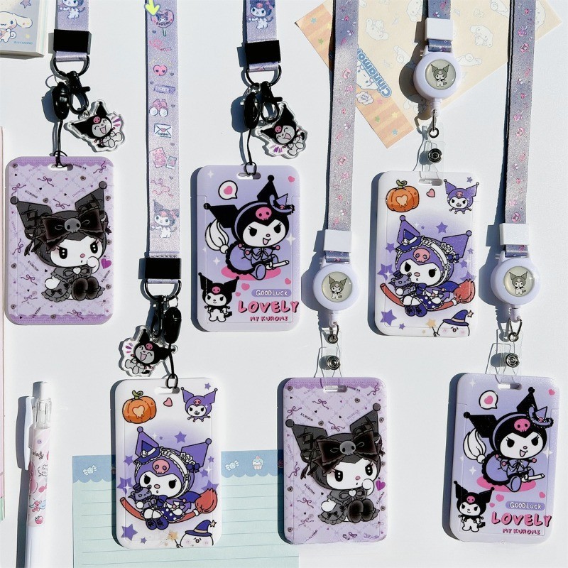 Hello Kitty Kuromi Melody การ์ตูน PVC ผู้ถือบัตร Sanrio อะนิเมะเชือกเส้นเล็ก ID เคสป้องกันแขวนคอ Anti-lost ฝาครอบ