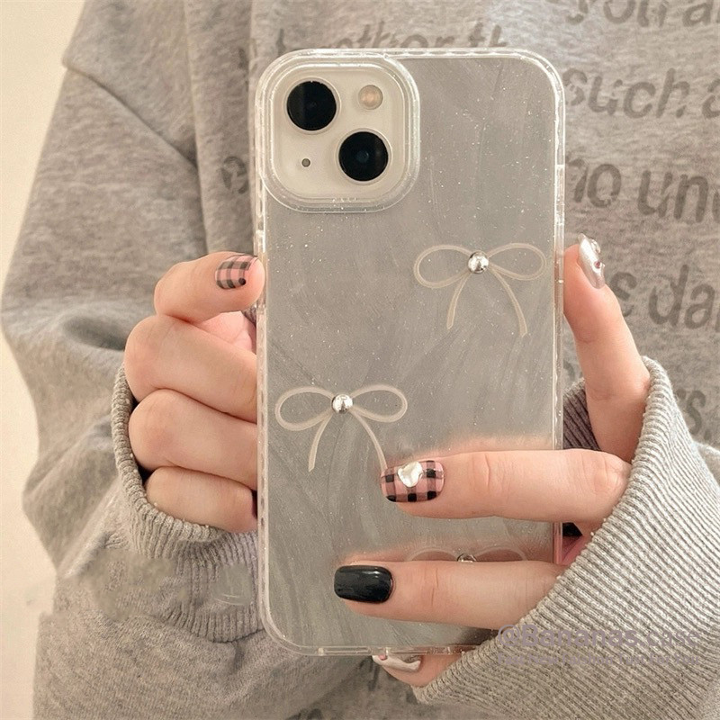 Iphone 15 14 13 12 11 Pro Max X Xr Xs Max 7 8 Plus SE2020 เคสโทรศัพท์น่ารัก Ins Sliver โบว์ฝาครอบโทรศัพท์นุ่ม