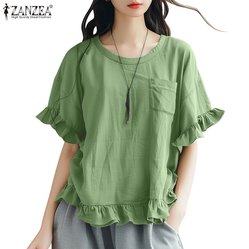 Zanzea เสื้อเบลาส์แขนสั้นรูปเชื้อราลําลองเกาหลีสําหรับผู้หญิง Ruffled Edge Crew Neck Splice