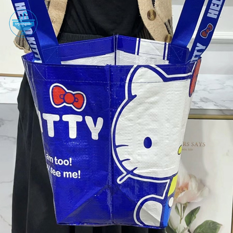 [trysingoin] Super Kawaii Blue Kittys พิมพ์ช้อปปิ้งกระเป๋าไนลอนเป็นมิตรกับสิ่งแวดล้อมกระเป๋าทอมือหนึ่งไหล่น่ารักและทนทานกระเป๋า TH