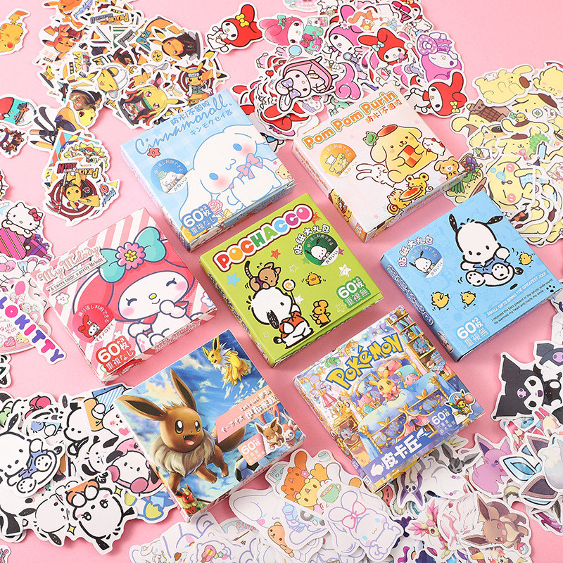 63pcs Sanrio Hello Kitty Kuromi Cinnamoroll Pochacco สติกเกอร์สําหรับหมวกกันน็อคจักรยานบัญชีมือกรณีดินสอ Decals LanLanStickersWorld