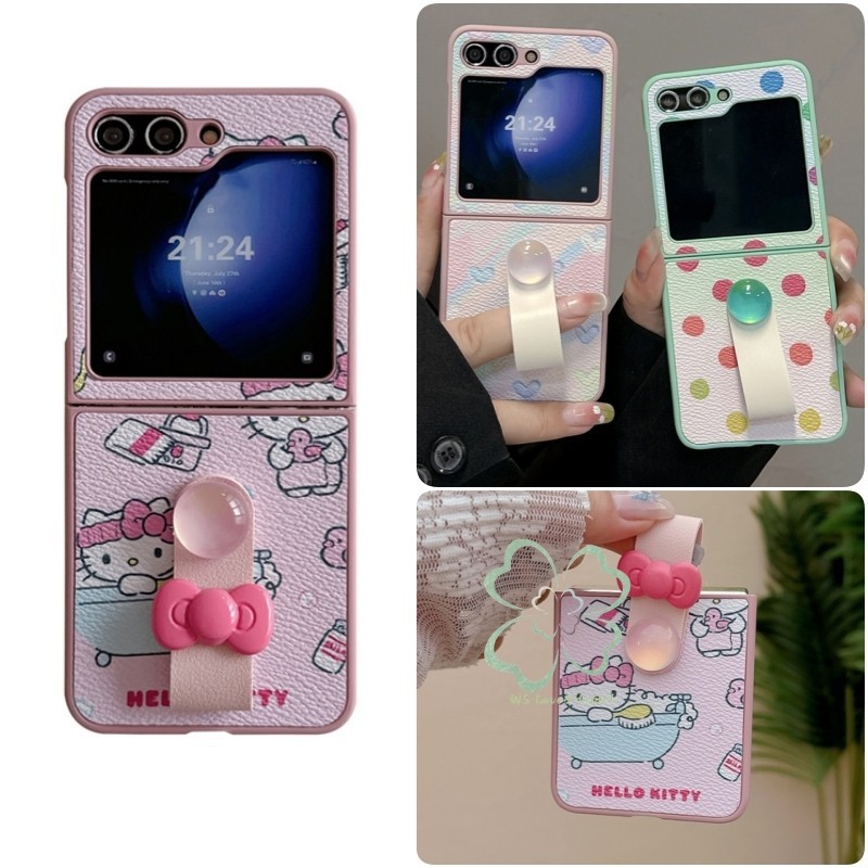 แมวน่ารัก Wave Point Hard PC Case Samsung Galaxy Z Flip 6 Z Flip 5 Z Flip 4 Z Flip 3 Casing with PU Leather Ring กันกระแทกฝาหลัง Flip6 Flip5
