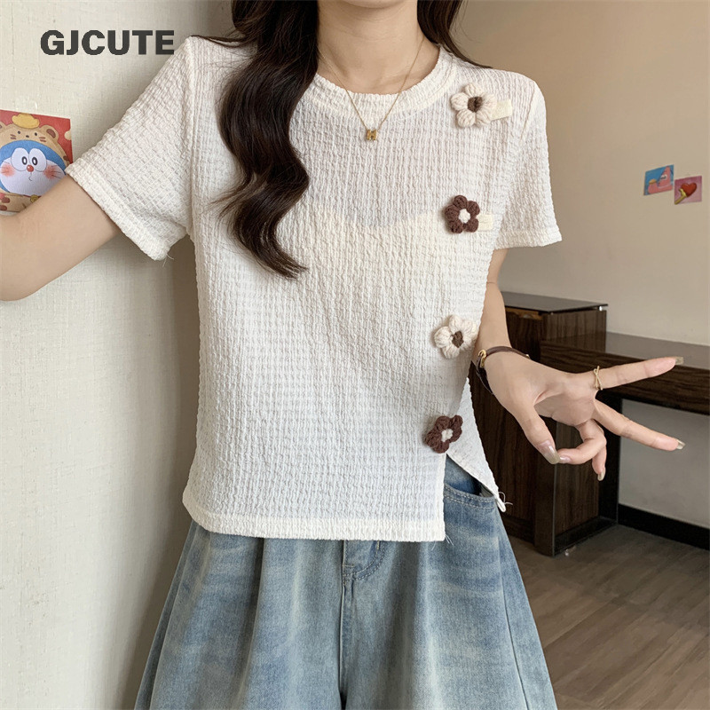 Gjcute เสื้อยืดลายดอกไม้ธรรมดาสำหรับผู้หญิง