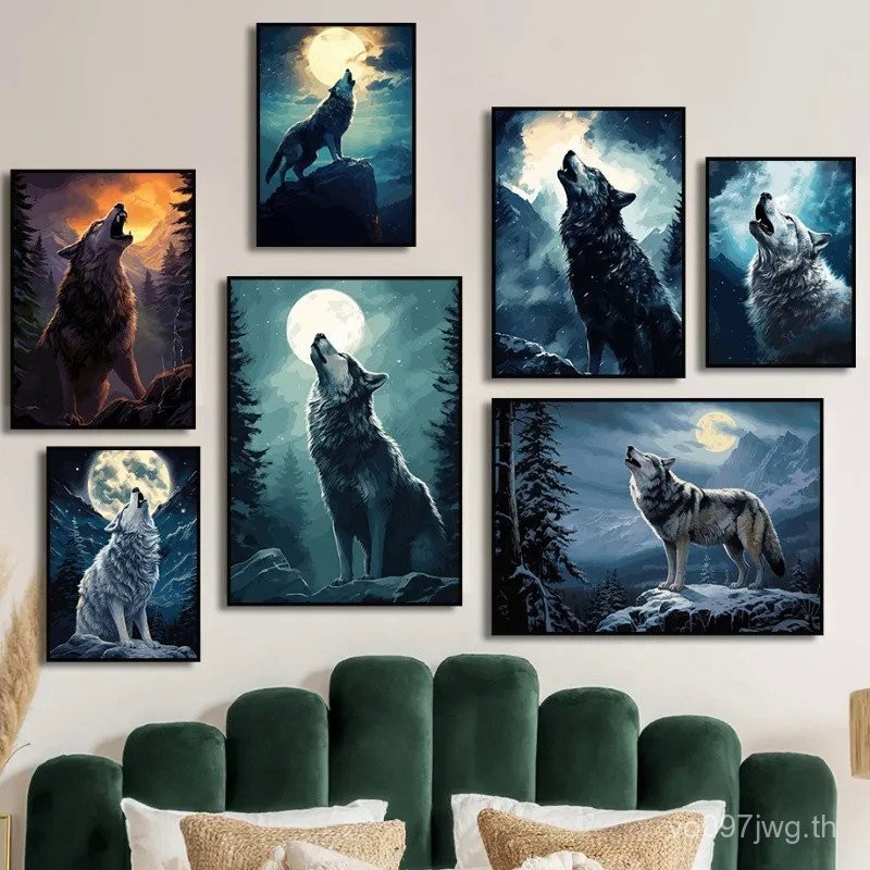 Moon หมาป่าสีขาวสัตว์โปสเตอร์ Howling หมาป่าพิมพ์ผ้าใบภาพวาด Wildlife Modern Wall Art ภาพสําหรับห้องนั่งเล่นตกแต่งบ้าน GBG2