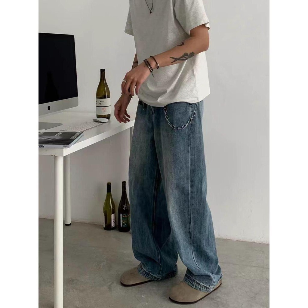 MNO.9 Jeans A173 กางเกงยีนส์ขายาวแต่งเฟด ขายาวชาย เอวกระดุม วินเทจ Clothing ผู้ชาย Man