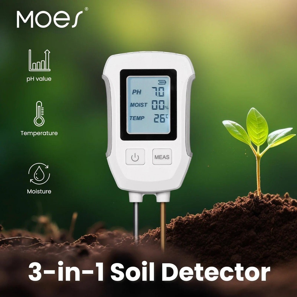 Moes 3 in 1 ดิน PH เครื่องตรวจจับเครื่องทดสอบหน้าจอ LCD เครื่องวัดอุณหภูมิอุณหภูมิความชื้นสําหรับสวนดอกไม้กระถางต้นไม้
