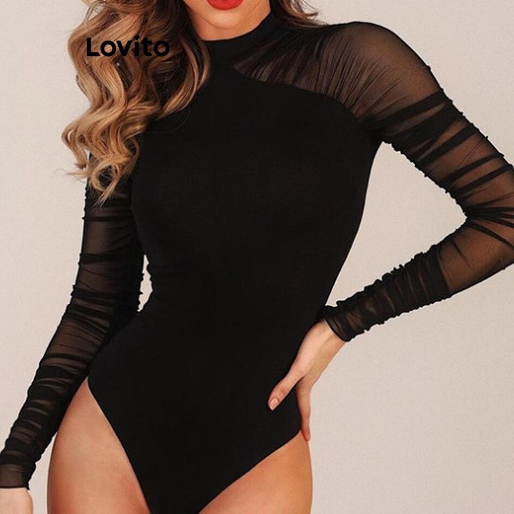 Lovito บอดี้สูทผู้หญิง สีพื้น แต่งผ้าตาข่าย สไตล์เซ็กซี่ LNL60365