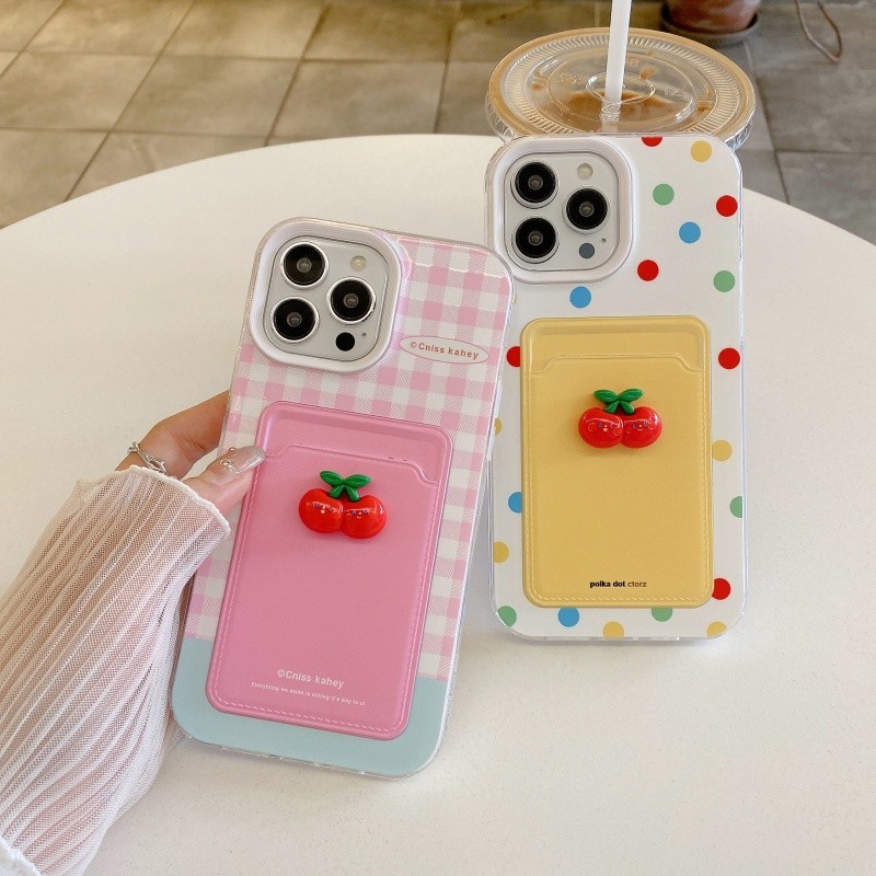 3D Red Cherry 3-in-1 Card Pack Soft Case สำหรับ iPhone x XR XS 11 12 13 14 15 PRO MAX 7 8 Plus TPU Anti DROP COVER ปลอก