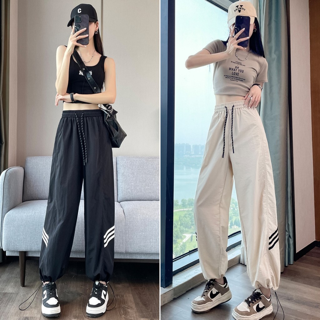 Hotgirl พร้อมส่ง กางเกงขายาวผู้หญิง กางเกงคาร์โก้ ผ้ายืดเย็นสบาย cargo pants เอวสูงขากว้างลําลองหลวม มีเชือกรูด รุ่นใหม่ฤดูร้อน