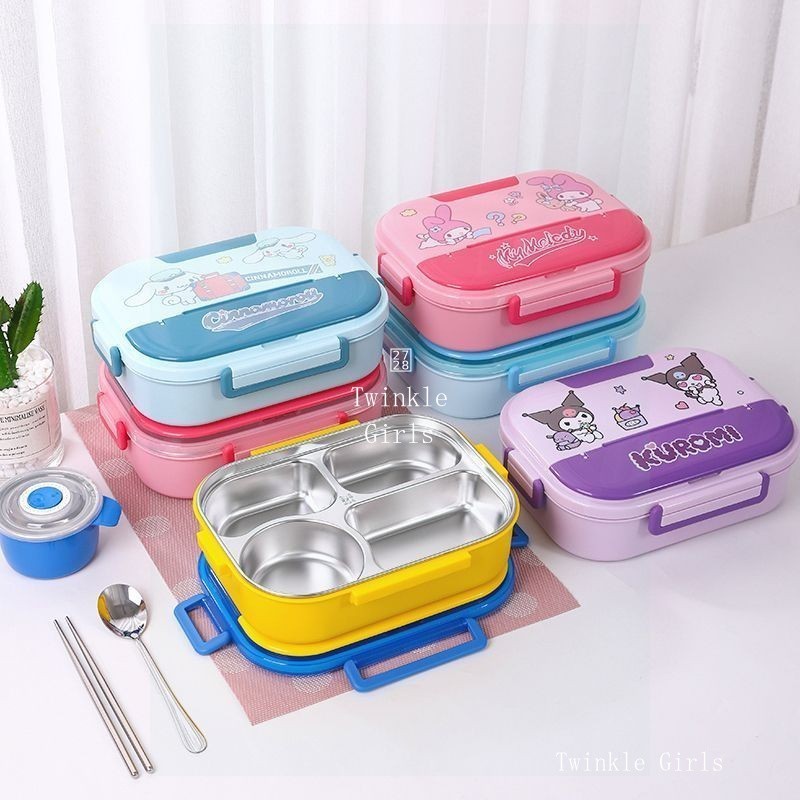 ฟรีชามซุป+บนโต๊ะอาหารน่ารักคุโรมิ ซินนามอนโรล Kuromi Cinnamoroll Hello Kitty กล่องข้าว 304สแตนเลสกล่องอาหารกลางวัน5ช่องแยกความจุขนาดใหญ่กล่องเบนโตะบนโต๊ะอาหารสาวของขวัญ