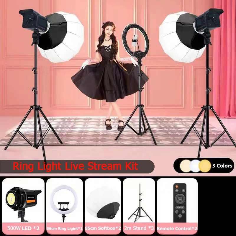36cm Ring Light Lighting Live Stream Kit with ไฟไลฟ์สด 500W LED ไฟถ่ายรูป ไฟสตูดิโอ & 65cm Softbox & Light Stand