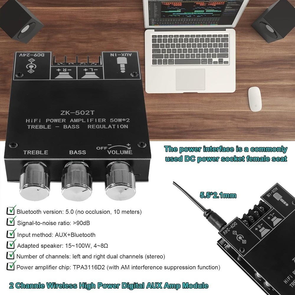 ZK-502T 50W + 50W สเตอริโอเครื่องขยายเสียง, treble และเบส DC 9-24V BT และอินพุต AUX สำหรับ DIY ลำโพงไร้สาย ADM