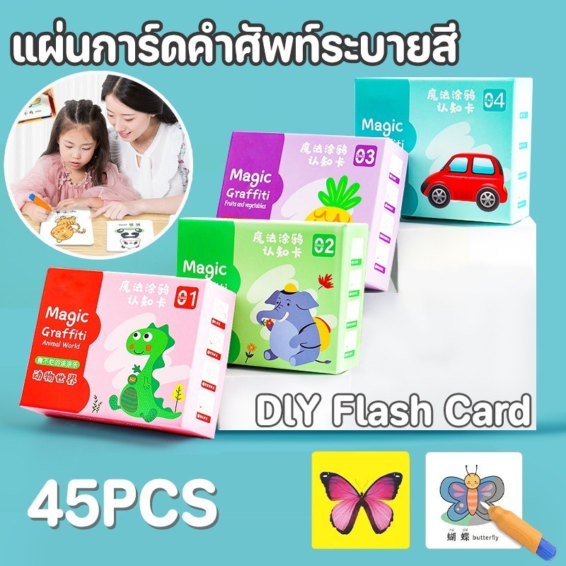 การ์ดคําศัพท์ แผ่นการ์ดคำศัพท์ระบายสี ของเล่นเสริมการเรียนรู้ สําหรับเด็ก พัฒนาการเด็ก