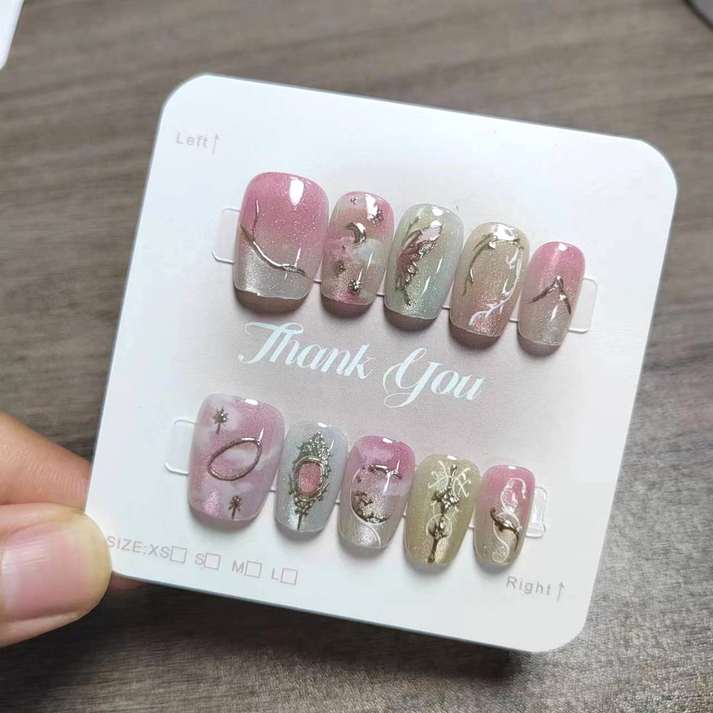10pcs Cat Eye Handmade กดบนเล็บเล็บปลอมพร้อมสติกเกอร์กาว M287 – โปรปัง