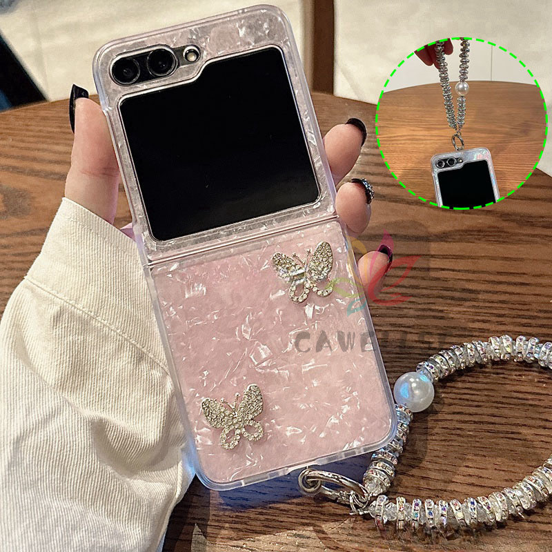 Slim น่ารักฝังเพชรผีเสื้อ Shell Patterned Hard Casing Samsung Galaxy Z Flip 7 Flip 6 Z Flip 5 Z Flip 4 Z Flip 7FE พร้อมสร้อยข้อมือเพชร PC ป้องกันฝาหลัง
