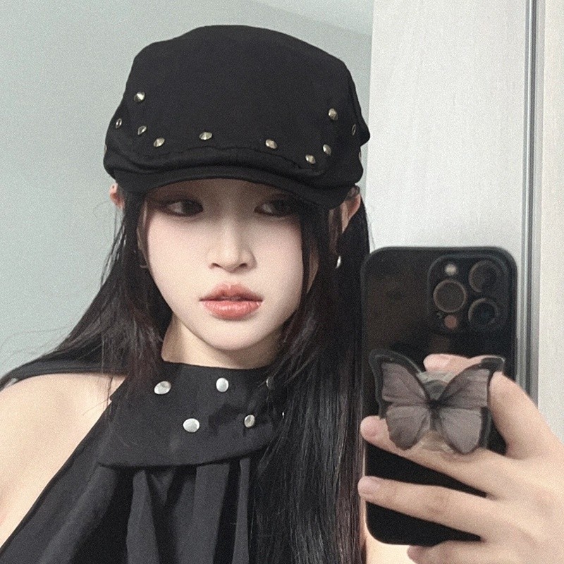 เกาหลี Retro Rivet Beret ผู้หญิงแฟชั่น Denim หมวกสีดํา