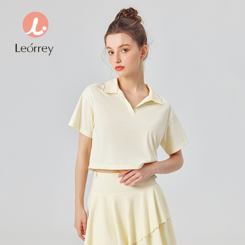 Leorrey-โยคะฟิตเนสแขนสั้นเสื้อยืดกีฬาลำลองเสื้อผ้าออกกำลังกาย ป้องกันแสงแดด แห้งเร็ว