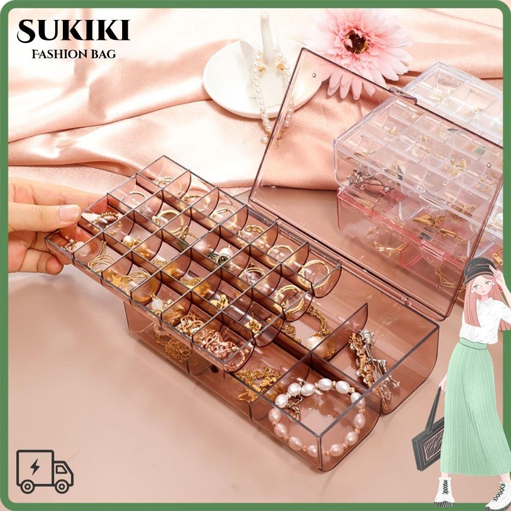 Sukiki ที่ใส่เครื่องประดับ,กล่องเก็บเครื่องประดับพลาสติกใส,แบบพกพาฝุ่นหลายตารางกล่องเครื่องประดับสองชั้นสร้อยข้อมือ