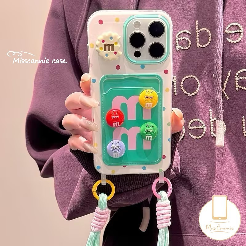 น่ารักตลก 3D M Bean การ์ตูน Soft Tpu สําหรับ IPhone 12 14 XR 11 15 13 Pro Max 7Plus X XS Max 8 7 6s 6 15 Plus SE 2020 คู่ Lanyard กระเป๋าสตางค์ช่องใส่การ์ดฝาครอบ
