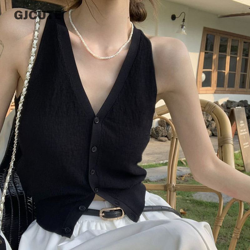 Gjcute เกาหลีสีทึบคอวีกระดุมแถวเดียวแขนกุดเสื้อกั๊กถักบางสําหรับผู้หญิง WTD