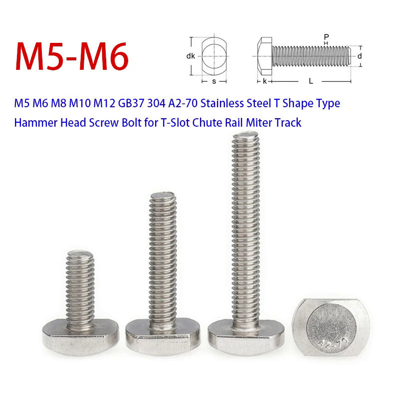 M5 M6 M8 M10 M12 GB37 304 A2-70 Stainless Steel T Shape Type Hammer Head Screw Bolt for T-Slot Chute