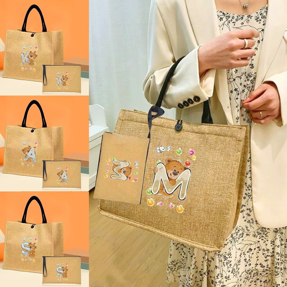 หัวเข็มขัดผ้าลินิน กระเป๋าผ้ากระสอบ ถุงเครื่องสำอาง ถุงใช้ได้เสมอ ชุด Tote Bag bear Series