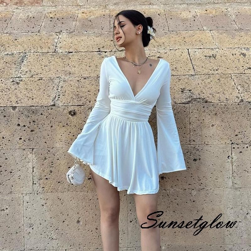 Sg/ชุดสตรี Flowy Mini Dress แขนยาวคอ V ลึกสีทึบ A-line Dress ชุดออกไปข้างนอก