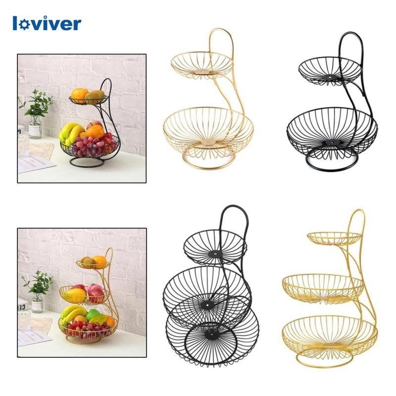 [Loviver] ตะกร้าเก็บสามชั้นจานผลไม้ห้องครัวโลหะตกแต่ง Veg Holder Organizer