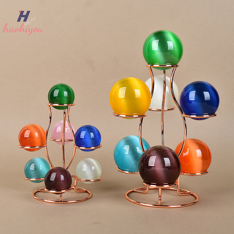 <haohiyou> คริสตัลบอลคริสตัลไข่ขาตั้งโลหะผู้ถือทรงกลมหลายสีคริสตัลบอลฐานแสดงสามารถวางเจ็ดลูกดี