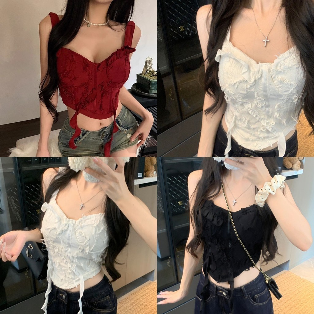 Evelyn ​เสื้อกล้ามมีฟองน้ำ เซ็กซี่ ดีเทลขาดๆเท่ๆ สีำน น่ารักสไตล์เกาหลี เสื้อครอป ใส่ง่าย ส่งไวจากไทย#FY5868-J